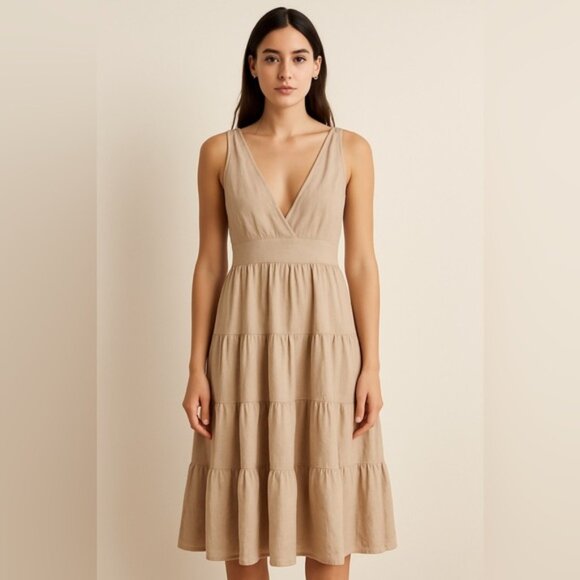 House Of Harlow 1960 Tan Linen Blend Tiered Plunge V Neck Midi Dress Size Medium - Picture 2 of 11